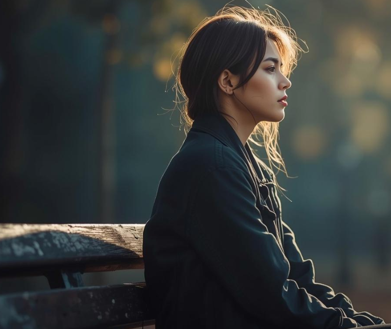 Young woman reflecting on her self-esteem and anxiety, beginning to rebuild confidence and inner strength.