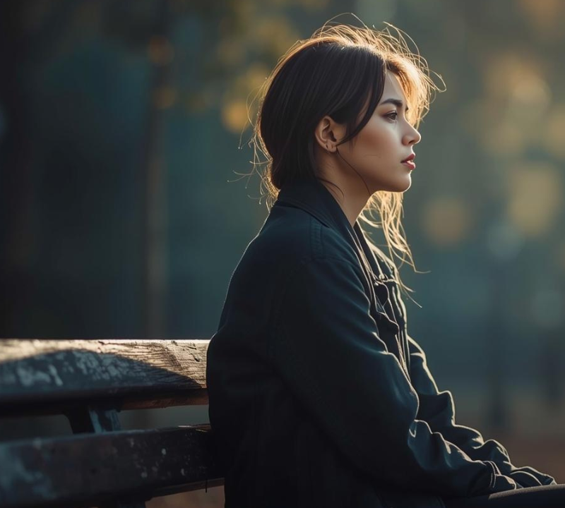 Young woman reflecting on her self-esteem and anxiety, beginning to rebuild confidence and inner strength.
